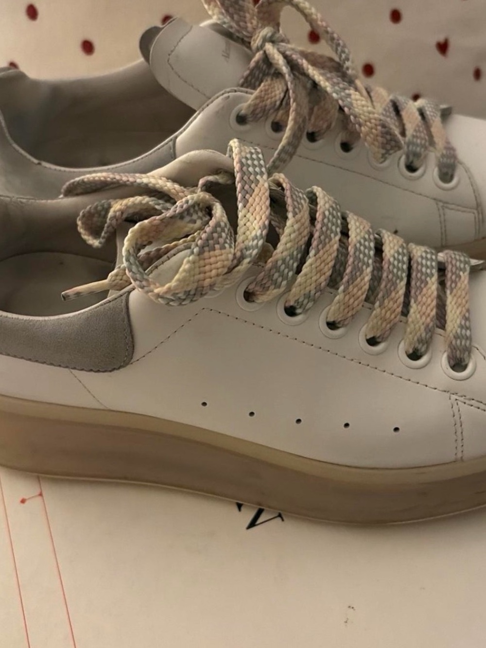 Alexander McQueen White Leather Platform Sneakers with Pastel Multicolor Laces